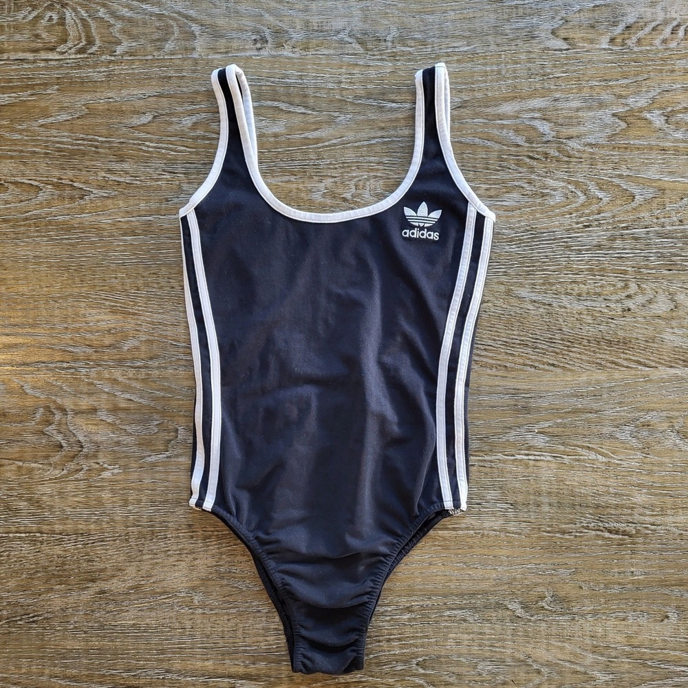 Adidas Originals Bodysuit Womens Small Black White Trefoil 3 Stripe Scoop Back